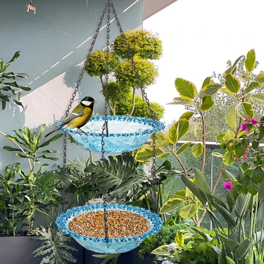 🔥Best Seller-Last Day Sale 50%OFF🔥Double-Tier Vintage Blue Glass Bird Feeder & Bath 🪷🐦